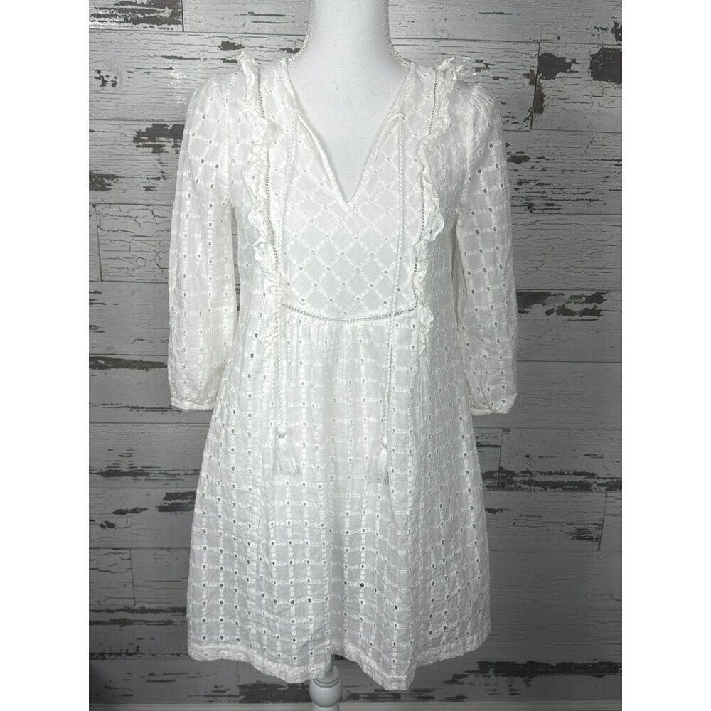 BY ANTHROPOLOGIE Thames Eyelet Lace Peasant Mini Dress White Sz 2 EUC